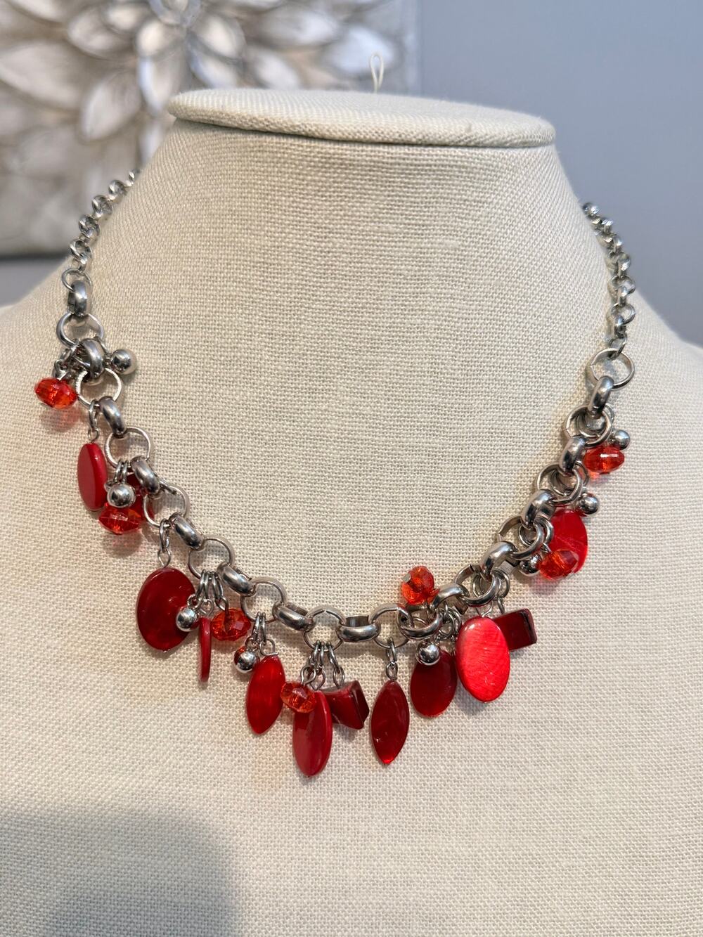 Vintage NOS Red Acrylic Charm Statement Necklace 16”